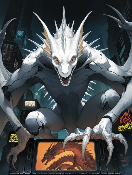 wyvern, western dragon, monster, cyborg, mikimoto haruhiko, honovy, (juanmao1997:0.8), (seyorrol:0.6), (mucknagabe:0.6), (demizu posuka:0.4), (snowskau:0.8), (reoen:0.4), realistic feral, male, slim, albino, white body, (screen face:1.3), long snout, cybernetics, wing claws, spines, detailed mouth, solo, crouching, leaning forward, looking down at viewer, open mouth, three-quarter view, low-angle view, no humans, animal focus, monster focus, watercolor \(medium\), novel illustration, retro artstyle, science fiction, cyberpunk
,masterpiece,best quality,amazing quality,