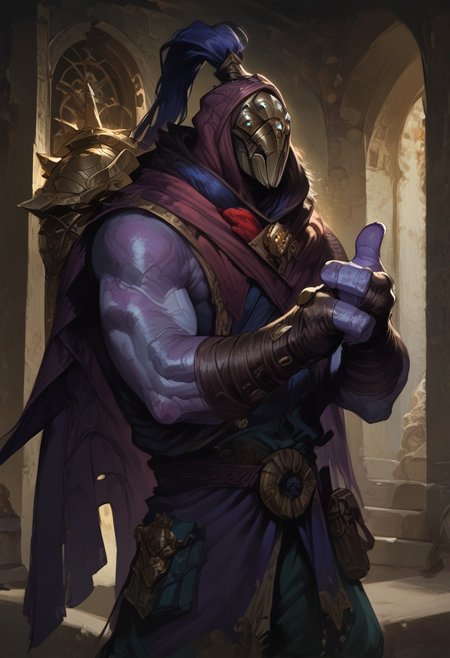 (((beautiful, high quality, masterpiece))), score_9, score_8_up, score_7_up, highly detailed, perfect eyes, perfect face, BREAK, 1male, solo, Jax, purple skin, hood, mask, (thumbs up), monastery