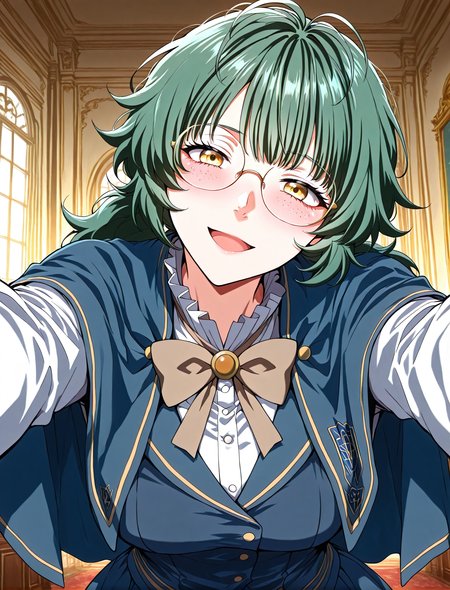 <lora:Emily_Watsken__The_Beginning_After_the_End__Illustrious:1>
1 girl, solo, yellow eyes, green hair, ahoge, low ponytail, bangs, long hair, messy hair, freckles,
uniform, white shirt, long sleeves, frilled sleeves, blue skirt, blue capelet, brown bowtie, glasses, round eyewear, blue jacket
score_9, score_8_up, score_7_up, score_6_up, source_anime, rating_explicit, 1girl, solo, smile, embarrassed, alcalose eyes, open mouth, mansion, indoors, looking at viewer, outstretched arms, pov, close-up, (head tilt:1.2), <lora:iLLMythG0thicL1nes:1>