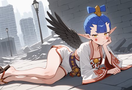 1girl, lying, on side, unamused, looking at viewer, head rest, <lora:AmanozakoSMT-illu:1> am4n0, blue hair, short hair, hair ornament, yellow eyes, pointy ears, facial mark, white jacket, open jacket, cropped jacket, wide sleeves, japanese clothes, romper, shimenawa, jingle bell, sash, black wings, tengu-geta, brick wall, ruins, city, lamppost, masterpiece, best quality, good quality, newest
