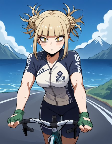 score_9, score_8_up, score_7_up, source_anime, <lora:himiko-toga-s5-ponyxl-lora-nochekaiser:1>, himiko toga, bangs, blonde hair, yellow eyes, blunt bangs, hair bun, double bun, messy hair, medium breasts, <lora:cycling-uniform-ponyxl-lora-nochekaiser:1> cycling uniform, bicycle, bike jersey, bike shorts, biker clothes, fingerless gloves, gloves, road bicycle, short sleeves,, road, mountains, ocean, blue sky, clouds, bent over, parted lips, sweat, steam, blush, cowboy shot,