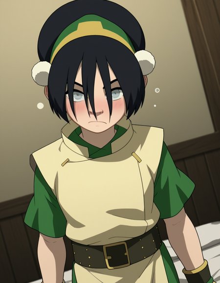score_9, score_8_up, score_7_up, source_anime, <lora:toph-beifong-book2-ponyxl-lora-nochekaiser:1>, toph beifong, black hair, hairband, blind, grey eyes, hair between eyes, short hair,, shirt, green shirt, vest, belt, short sleeves,, indoors, bed, bed room, on side, blush, drunk, looking at viewer, solo, cowboy shot, dutch angle