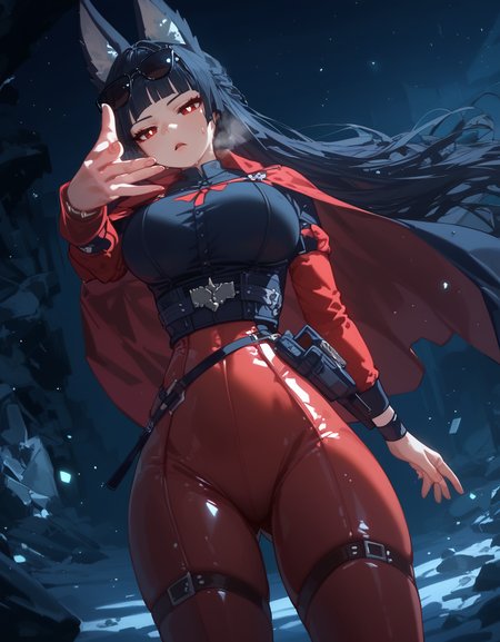 (score_9,score_8_up,score_7_up), masterpiece, best quality, Expressiveh, 1girl, red eyes, (red eyelashes), white pupils, blunt bangs, (fox ears:1.2), (cute face), side brides, (black hair), (very long hair), light pink lips, (straight hair), (perfect hands), shiny skin, sweat body, oily skin, semi big breasts, wide hips, thick thighs, (cinematic light:1.2), volumetric lighting, perfect hands,
zzzmiyabi, red bodysuit, long sleeves, straps, bracelet, (dark sunglasses), red cape,
(expressionless), (frown), (open mouth), heavy breathing, head tilt, 
cave, night, debris, light particles, wind, strong wind, snow, cold,moonlight, dark night, detailed background, from below, 
standing, throwing, eminemthrowingmeme,
<lora:Expressive_H:0.8>, <lora:zzzmiyabi.pony:0.85>, <lora:AIã¤ã©ã¹ããããã:0.65>, <lora:EminemThrowingMeme_pdxl_Incrs_v1:0.85>