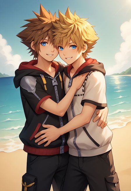 score_9, score_8_up, source_anime, highly detailed, 2boys,
sora, spiked hair, male focus, 1boy, brown hair, blue eyes, zipper, hoodie, BREAK
roxas, 1boy, zipper, male focus, spiked hair, blue eyes, blonde hair, pants, short sleeves, zipper pull tab, 
indoor, outdoor, beach, bare foot, hug, smile,
