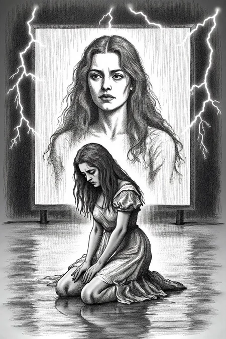 joten1 illustration.
Black and white gusdore1 illustration. A woman with long, dark hair, kneeling on a reflective, wet surface under intense artificial rain and lightning. She wears a flowing, sheer, white dress, clinging to her as she gazes forward with an intense, almost sorrowful expression. Behind her, a massive a creen displays a blurred, haunting image of the same woman, layered with flashes of lightning, adding a surreal, dreamlike quality. The atmosphere is intense and moody, with sharp contrasts of light and shadow, giving a mysterious and electrifying effect.  <lora:joten1_cap_d6a3e12:1.0><lora:821780561455679404:0>