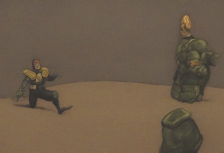 Judge Dredd faces off against a villainous cartoon character in the style of Don Martin, best quality, highres, high detail, sharp, fine art, jdgdrddcom, donmartin style, by donmartin, by don martin, hinged foot, martinwalkstyle