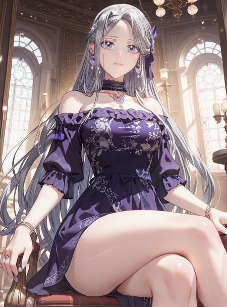 better skin,(score_9_up:1.2),(score_8_up:1.2),(score_7_up:1.2),expressiveh, ,1girl,Masterpiece,(detailed hair), detailed background,thick thighs, big breasts,wide hips, small waist, detailed skin, looking at viewer, big breasts,  perfect anatomy, correct sense of scale, side lighting, feminine body, shiny skin, high layer, high layer long, slim, constricted waist, nice body, lips, Sexy mouth, neatly drawn nose, beautiful fingers, beautiful white skin, Beautiful clear skin  <lora:Jubelian_-_Father_I_dont_Want_this_Marriage:1>jubelian, blue eyes, long hair, silver hair, purple dress, jewelry, earrings, sitting on chair, whole body, crossed legs,