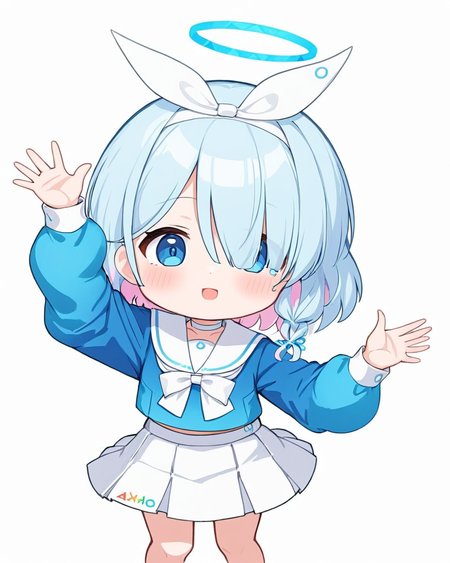 arona \(blue archive\),1girl, wavy_mouth, solo, white_skirt, blue_shirt, hair_over_one_eye, puffy_long_sleeves, >_<, white_hairband, facing_viewer, chibi, tears, white_sailor_collar, white_ribbon, white_bow, arms_up, white_background, hands_on_own_head, hair_ribbon, white_choker, serafuku, twitter_username, open_mouth, halo, pleated_skirt, triangle, nose_blush
<lora:arona_(blue_archive)_image5127_2023-12-02-000009:1>halo. gorgeous,key visual, vibrant, studio anime,award-winning, professional, highly detailed,high budget, cinemascope