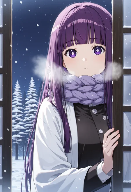 masterpiece, best quality, 1girl, solo, purple hair, long hair, blunt bangs, demon slayer uniform, white haori, long sleeves, black jacket, outdoors, winter, breath, (snowing), peeking out, upper body, purple eyes, bright pupils, night, night sky, nature, looking at viewer, closed mouth