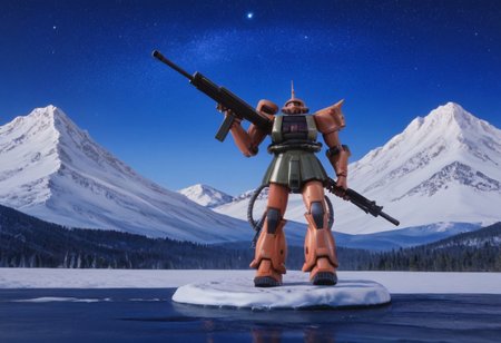 score_9, score_8_up, score_7_up, cowboy shot, side view, BREAK, ( white armor, white zaku, grey zaku, one eye, looking to the side, holding rifle in both hands, ) 3 mech, mech focus, walking, BREAK, snow, ice, ice mountains, dark blue violet sky, night time, starry sky, Realistic, Relaxed, Moonlit, beautiful detailed supreme quality color intricate, dynamic dramatic beautiful full taking, contemporary fine detail, highly detail, dynamic background, positive emotional, figure, background curving upwards, snow getting kicked up, miniature, pink monoeye,