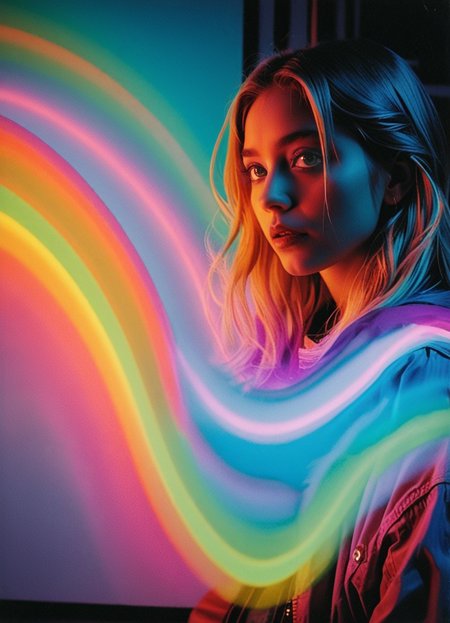 analog film photo anime artwork, grand photograph, Polaroid, surprised  28-year-old woman, (long glowing hair:1.1), canon 5d mark 4, neon light, kodak ektar, flamboyant, pastel colors, curved lines, elaborate detail, faded film, 35mm photo, grainy, vignette, vintage, Kodachrome, Lomography, stained, highly detailed, found footage (art by jc leyendecker:1.1) <lora:br1ghtXLP:0.7> multicolored <lora:43stl1ght1ngXLP2:0.7> 43stl1ght1ng, low light, dramatic lighting, darkness, neon, spotlight <lora:envyStarlight_v10:0.8>  <lora:sss:0.8>