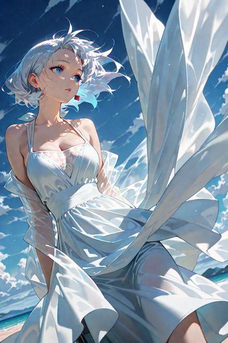 1girl, solo, cinematic angle, woman in a white dress with black hair walking on a sandy beach, earring, The wind is blowing, causing her dress to billow out and her hair to sway, She is looking out at the vast landscape of the ocean and the horizon, The sky is overcast, with dark clouds, cinematic shadows, vibrant, [(blue sky background:1.2)::0.1], (sandy beach background:1.2), very aesthetic, amazing quality, incredibly absurdres, ultra detailed, masterpiece, best quality, intricate details, good quality, newest, characters, detailed background, beautiful detailed, beautiful face, blight face, large pupil, eyelashes, <lora:ponyv4_noob1_2_adamW:1.0>