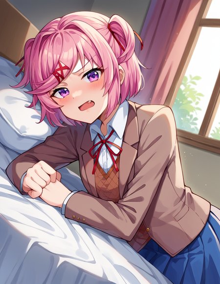 score_9, score_8_up, score_7_up, source_anime,
ddlcnatsuki, <lora:ddlc-natsuki-ponyxl-lora-nochekaiser:1>
ddlcnatsuki, fang, hair ornament, pink hair, purple eyes, short hair, short sidetail, swept bangs, x hair ornament,
blazer, blue skirt, brown jacket, collared shirt, jacket, long sleeves, miniskirt, neck ribbon, pleated skirt, red ribbon, ribbon, school uniform, shirt, skirt, swept bangs, vest, white shirt, wing collar, x hair ornament,
indoors, bed, bed room, on side, blush, drunk,
looking at viewer, dutch angle, cowboy shot,