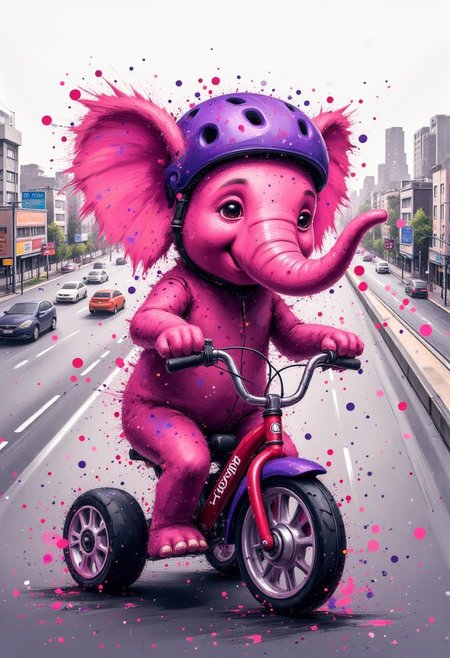 cinna flow, rainbow ink splats, monochrome, an adorable pink elephant sitting on and riding an incredibly tiny tricycle. Wearing a tiny purple bike helmet with 2 angel wings, one on each side of the helmet, which barely fits on the elephant's much larger head. Riding down a busy highway. Lighthearted and humorous. Very detailed, vibrant colors