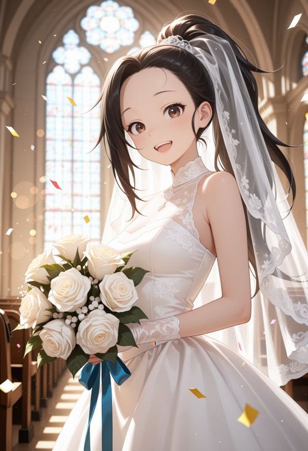 masterpiece,best quality,absurdres,highres,very aesthetic,high quality,detailed,insanely detailed,beautiful,perfect lighting, ,depth of field,blurry background,bokeh, looking at viewer, 
  <lora:Tsubaki illu:1> 1girl, black hair, high ponytail, long hair, brown eyes, forehead,wedding dress, veil, church, holding bouquet, (confetti:1.1), smile, open mouth, white dress, wedding dress), indoor