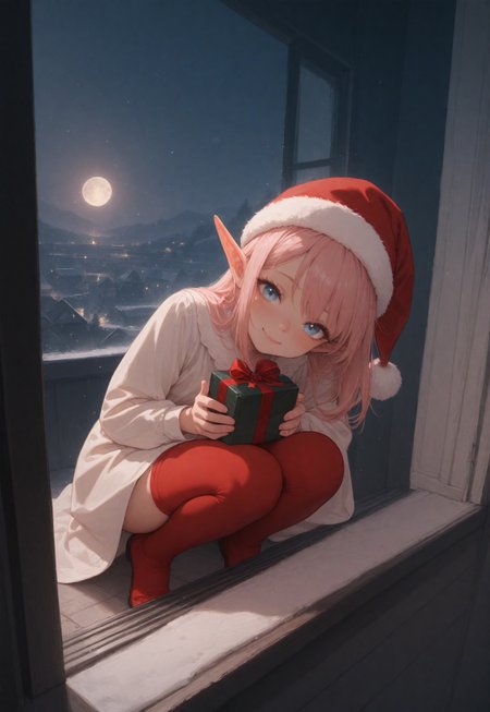 masterpiece ,best quality ,amazing quality ,very aesthetic,absurdres,newest,scenery,highres,
 detailed, rpov, 1girl, elf, dressed, perfect body, skinny, skinny_thigh, , solo, PFTAsadaS,1girl, ,long pink hair, christmas hat, red stockings, indoors, dark room, dress, night, open window, moon, ((snowing)), holding gift, happy, smile, ((squatting on window sill)), love, 