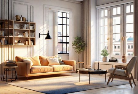 ((front view)), Shallow scene, ((animation style)), modern-style interior, with white walls, (large windows), Nordic-style furniture, a  study, Sofa, coffee table, bookcase, single wall, 
warm light morning sun, (the view of the city)