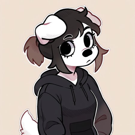 score_9_up, score_8_up, score_7_up, score_6_up, half-length portrait, medium breasts, black hair, deer, dog, white body, floppy ears, black topwear, hoodie, ponytail, female, looking at viewer, tail, solo, neutral expression, jeans, three-quarter view, head tilt, simple background, white outline,