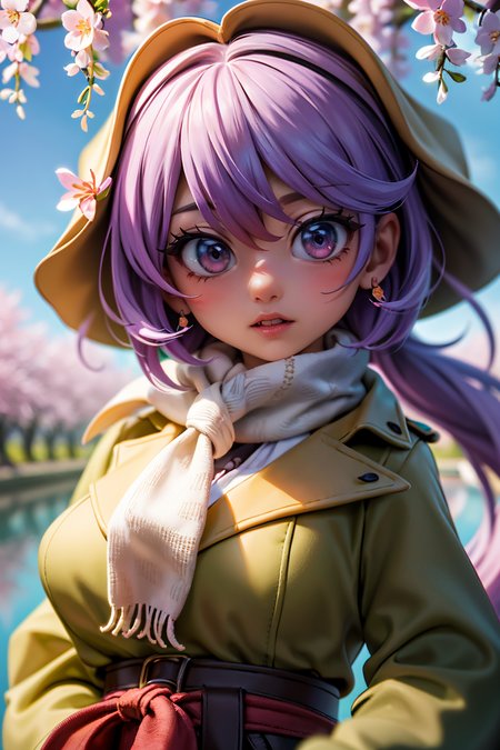 , (best quality, masterpiece, colorful, highest detailed), dynamic pose, pose <lora:backlight_slider_v10:-1> <lora:eye_size_slider_v1:3>
a cartoon character with big eyes, round eyes, with a trench coat and a scarf on her head, wearing a trench coat and a scarf around her neck, Artgerm, trending on artstation,
 architecture, bird, boat, branch, bridge, cherry blossoms,  east asian architecture, falling petals, flower, hanami, in tree,  outdoors, pagoda, path, petals, petals on liquid, pink flower,  plum blossoms, pond, river, scenery, sitting, s spring \(season\), tree, tube, water, wind, wisteria, 
(ultra-detailed body),  (beautiful background:1.3), (intricate details), (dynamic angle)