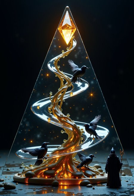 This photograph showcases a meticulously crafted, triangular glass sculpture set on a dark, textured surface, the glass twisting upward in jagged, spiraling shapes that form a tree-like structure. Inside, ghostly ravens circle around the branches, their wings translucent and glimmering faintly. A dark druid with a skeletal staff stands near the base, shrouded in shadow, summoning life into the twisted tree. At the apex of the tree, a large, amber gemstone radiates a dim, haunting glow, lighting up the ravens in a ghostly dance as faint mist spills down the glass branches.