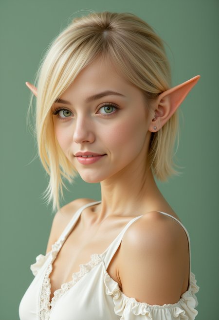 She is approximately 18 years old. Hyperrealism, she is looking at the camera, (dynamic angles), headshots of a beautiful, stunning unique female character.  she has blonde hair. her eyes are green and filled with joy and excitement, extravagant eyelashes, she has elf ears. a photo of a N1n@_SpQ, she is wearing a white frilly shirt. The woman is posing confidently. simple sage green colored background. She has a slight smile on her face and is looking directly at the camera. making this image a masterpiece of photography and digital art. realistic. making this image a masterpiece of photography and digital art. Style: realistic hyper-detailed rendering, 32k UHD, expressive eyes, punk, graphic design, girl's face, pretty and cute, gleaming lips, telling a tale of adventure. Exuding confidence and serenity. The overall mood of the image is happy and relaxed,detailed skin texture,(blush:0.2),(goosebumps:0.3),subsurface scattering,whimsical,Detailed hand, Perfect hand. Perfection style.