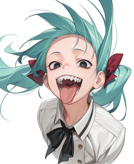<lora:amrkdrw:1> amrkdrw,
(masterpiece), (best quality), (ultra-detailed), amazing quality, very aesthetic, illustration, perfect composition, intricate details, absurdres, incredibly absurdres, shiny skin, realistic,
 amrkdrw, 1girl, solo, sharp teeth, teeth, black eyes, open mouth, long hair, simple background, twintails, looking at viewer, white background, smile, aqua hair, bow, upper body, hair bow, tongue, floating hair, general