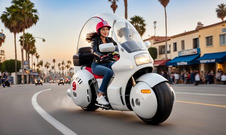woman riding large round motorcycle,   best quality, highly detailed, bokeh, cool sneakers,  <lora:cap9motosdxl:0.8>, beautiful landscape, cinematic lighting, photorealistic, cap9motosdxl, vibrant colors, front view, in motion, los angeles, venice beach