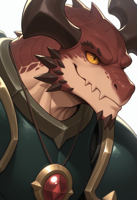 masterpiece,best quality,amazing quality, 1boy, solo, dr0g0z, dr0g0z, dragon boy, necklace, colored sclera, black slit pupils, green chest plate, green pauldrons, close up, side angle,