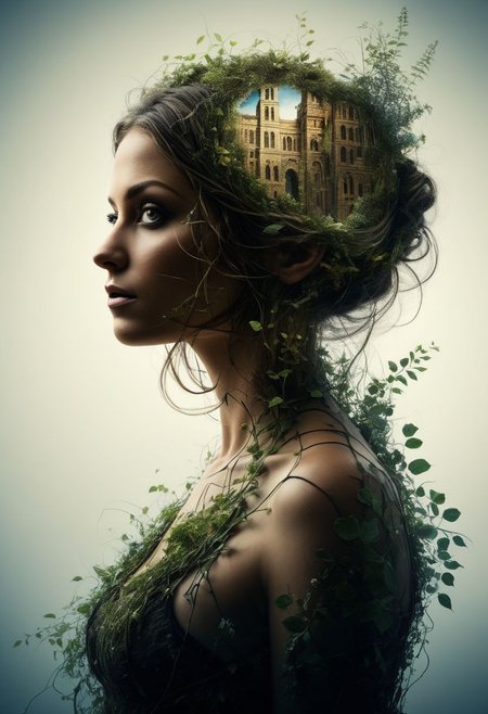 mysterious silhouette beautiful antique woman, (hanging gardens of babylon), goddess, alluring, by Minjae Lee, Carne Griffiths, Emily Kell, Steve McCurry, Geoffroy Thoorens, Aaron Horkey, Jordan Grimmer, Greg Rutkowski, amazing depth, double exposure, surreal, geometric patterns, intricately detailed, bokeh,  perfect balanced, deep fine borders, artistic photorealism , smooth,  great masterwork by head of prompt engineering   <lora:add-detail-xl:2>  <lora:Double_Exposure:0.5>