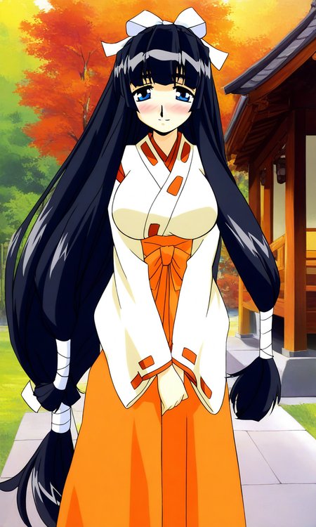 general,highres, ultra-detailed,very aesthetic,best quality ,best hands, BREAK <lora:Yamagami_Shino_Final_romance4_Ver2.0_IS:1>
Yamagami_Shino, 1girl, solo, very long hair, blue eyes, black hair, large breasts, bangs,  very long hair, hair ribbon, sidelocks, low-tied long hair,
miko, japanese clothes, hakama skirt, ribbon, orange hakama, 
light smile, blush,
 looking at viewer, v arms,
outdoors,