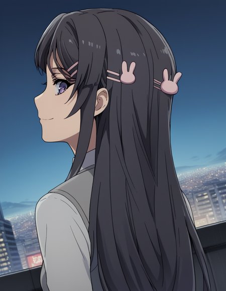 score_9, score_8_up, score_7_up, source_anime, maisakurajima, <lora:mai-sakurajima-s1-ponyxl-lora-nochekaiser:1> mai sakurajima, long hair, bangs, black hair, hair ornament, purple eyes, hairclip, rabbit hair ornament, medium breasts,, <lora:shaft-look-ponyxl-lora-nochekaiser:1>, shaft look, looking back, from behind, head tilt,, cityscape, street, smile,, cowboy shot, dutch angle, solo,