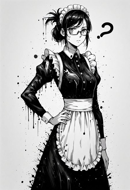 score_9, score_8_up, score_7_up, score_6_up, ink splats, monochrome, ink, 1girl, clagwimoth, confused, ?, cowboy shot, maid, starry dress, long dress, white apron, maid headdress, gray eyes, glasses, black hair, folded ponytail,  one hand on hip, confused expression, cloudy background,
