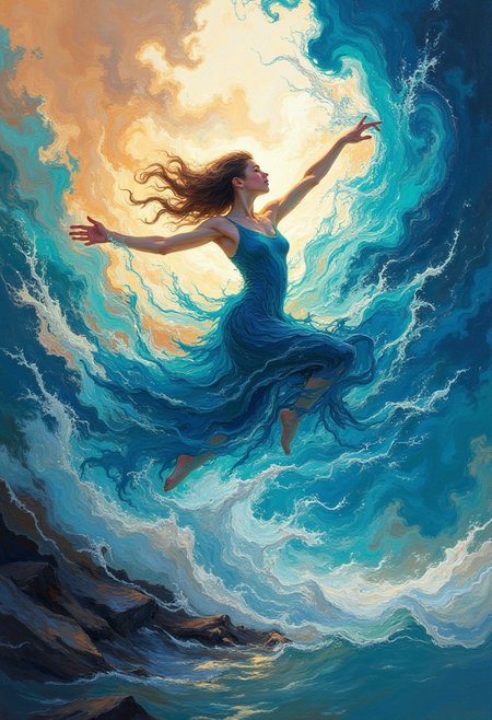 acrylic art.A acrylic dancer mid-leap, her acrylic body made entirely of swirling acrylic water, as droplets break away from her form in slow motion, the scene captured in perfect clarity, Style is Fluid and dynamic, Lighting with shimmering highlights, acrylic Water textures, motion freeze, fluid distortion, dynamic composition, Simple and advanced fresh color matching, mythical dreamy colors, dreamlike, surrealism, ((In the background A swirling swirl of acrylic colors merging with each other in a mesmerizing dance of disorder presents the concept of entropy as a chaotic, ever-changing tapestry of light and shadow, with threads of mist curling around the edges, evoking a sense of the mystery and unpredictability of the universe).soft, peaceful holy light,Water floor, very dramatic lighting, glare in the light. an atmosphere of drama and grace