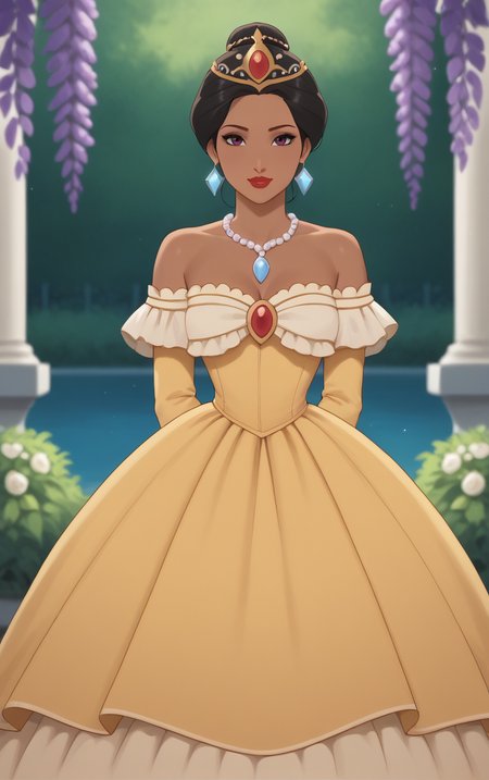 score_9, score_8_up, score_7_up, looking at viewer,  BREAK
HairBunDress_Pocahontas_ownwaifu, 
1girl, black eyes, black hair, dark skin, hair bun, hair ornament, jewelry, red lips, necklace, dark-skinned female, lipstick, makeup, single hair bun, earrings, breasts, pearl necklace, crown, 
long dress, narrow waist, white dress, bare shoulders, off shoulder, off-shoulder dress, long sleeves, dress, yellow dress, cleavage, red bow, gown, wedding dress, yellow bow
(leaning forward, arms behind back), cowboy shot, garden, wisteria, outdoors, <lora:PONYXL_PocaHontas_ownwaifu_r1:0.85> , depth of field, solo,