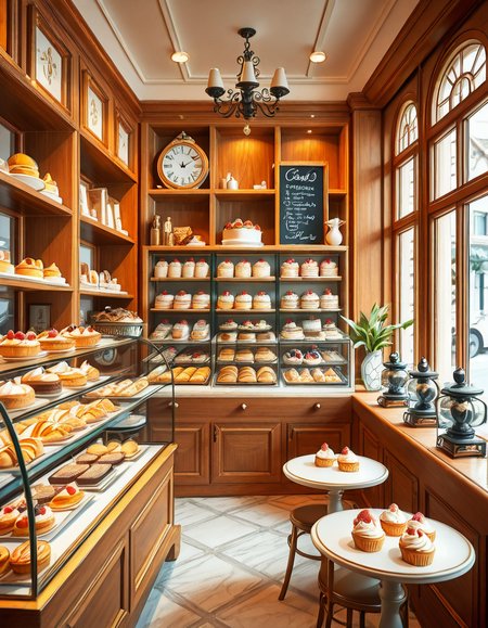 A beautifully designed, elegant pastry shop with a luxurious European-inspired aesthetic. The interior features intricate moldings, high ceilings, and large arched windows that allow natural daylight to stream in, casting a soft glow over the polished marble floors. The walls are adorned with pastel-colored wallpaper, delicate gold accents, and vintage-style framed paintings of pastries and tea sets.
The centerpiece of the shop is a long glass display case filled with an exquisite assortment of pastries, including colorful macarons, delicate éclairs, fruit tarts with glistening glaze, and elegantly decorated cakes with intricate sugar flowers. Behind the counter, shelves lined with neatly arranged boxes of artisanal chocolates, fine teas, and jars of homemade jam add to the refined atmosphere. Crystal chandeliers hang from the ceiling, casting a warm golden light that reflects off the glass surfaces.
Small round tables with marble tops and wrought iron chairs are arranged neatly throughout the space, each set with fine porcelain teacups and decorative napkins. A large antique-style clock hangs on the wall above a wooden shelving unit filled with fresh baguettes and croissants resting in woven baskets. The air is filled with the inviting scent of fresh-baked pastries, vanilla, and rich espresso.
In the background, a grand espresso machine with polished brass fittings sits atop a marble counter, next to a beautifully arranged tiered cake stand displaying freshly made confections. A large, arched doorway with a carved wooden frame leads to a cozy back room with additional seating and a vintage-style menu board showcasing the shop's specialties written in elegant calligraphy. The entire setting evokes a sense of refinement, charm, and indulgence, with a warm and welcoming ambiance.
<lora:SDXLFaeTastic2400:0.4> <lora:extremely_detailed:0.4> extremely detailed, <lora:elegant_p4stry_sh0p_illus:1>,elegant p4stry sh0p, Masterpiece,best quality,hi res,8k,hi res,8k,award winning,(sharp focus, intricate, highly detailed),