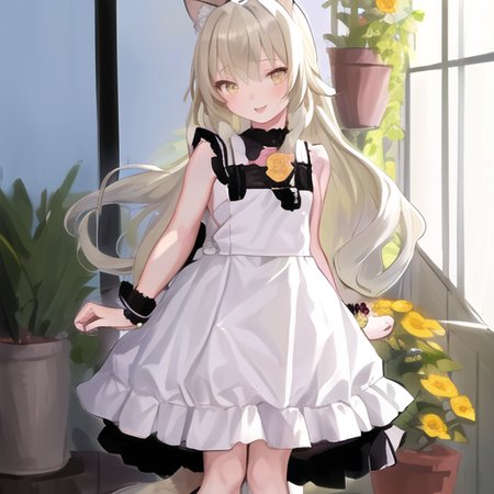 1girl, :d, animal ear fluff, animal ears, bangs, black hairband, blonde hair, blurry, blurry background, depth of field, dress, flower, flower pot, frilled dress, frills, green dress, green eyes, hairband, holding, long hair, open mouth, pink flower, plant, potted plant, sketch, sleeveless, sleeveless dress, smile, solo, tail, twitter username, wrist cuffs, yellow flower <lora:Fkey:0.7>