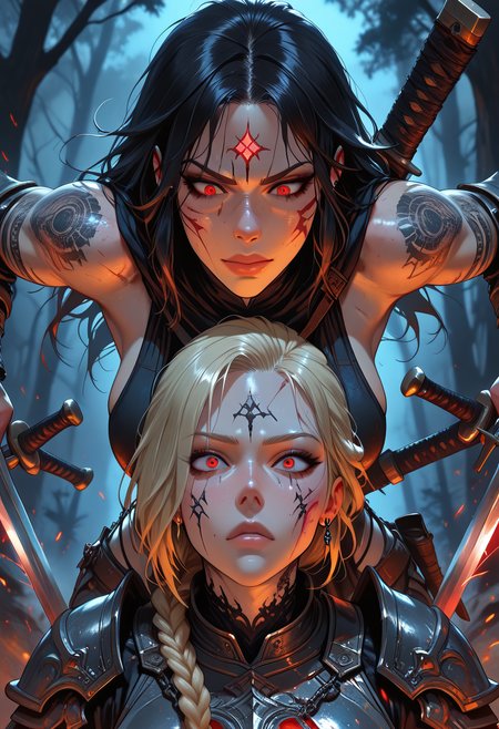 highres, very detailed, amazing quality, masterpiece,
very aesthetic,
particle effect, particle effects,

2girls, tan skin, warriror, knight, holy knight, long braided hair, Black hair, red eyes, perfect eyes, scars, scars on face, blonde highlights in hair, beautiful, Large breasts, perfect body, muscle tone, cross tattoo, cross tattoo on cheek, tattoos, arm tattoo, leg tattoo, neck tattoo, piercings, armor, tabard, red and black tabard, armor plating, jewelery, enchanted armor, enchanted sword, engraved armor, greatsword, long sword, curvy, 

fighting in a dark forest, foreshortening, focused, intense, night, at night, dark forest, dark, foggy, witchcraft symbols hanging from tree, symbols carved into trees, ritural markings, ominous, eerie,  

(action shot, sword fight, sword duel), 2 girls sword fighting, swords locked together, battle, swords clashed together, two swords hitting each other, parrying a sword, crossed swords, crossed blades, 

(Face Focus, Close up), 