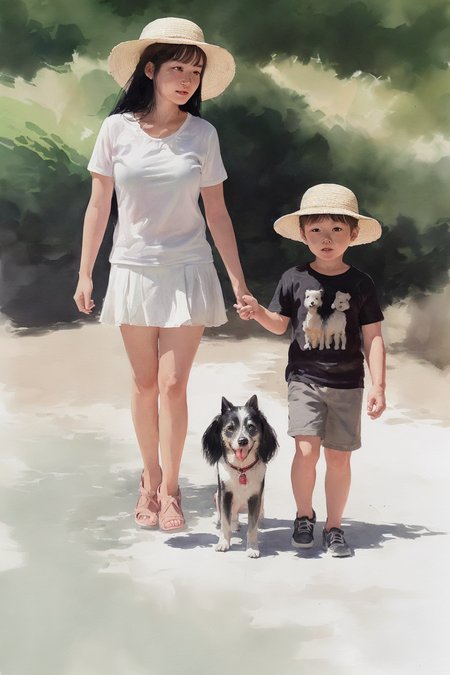a family, (1father, black t-shirt), (1mother, straw hat, white short sleeve, white Skirt), (1daughter, Long black hair, White floral skirt), together, 1 dog,standing,  <lora:Colorwater_v4:0.7>