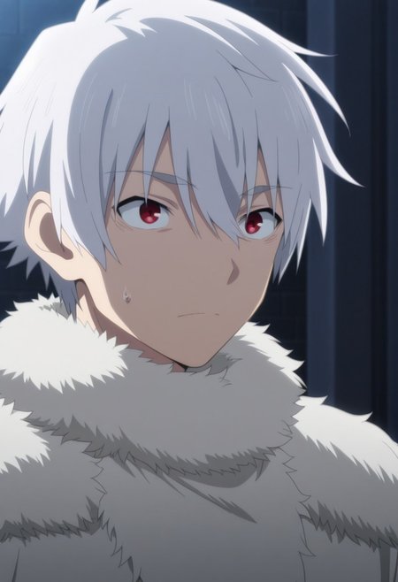 masterpiece,best quality,amazing quality, source_anime, 
NagumoHajime, 1boy, male focus, solo, red eyes, white hair, fur collar,