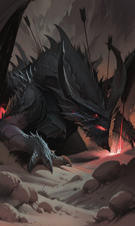 dark and ominous atmosphere, glowing red eyes, spikes, claws, rocky terrain, dramatic lighting, digital painting, high quality, wounded dragon, looking at wounded friend, arrow stuck, horns, 2 dragons<lora:HyperdetailedColoredPencilIl:0.8>, <lora:- iLL - combined_concept_V1.0-step00033500:.7>, <lora:- iLL - combined_stylized_V1.0-step00001500:.8>