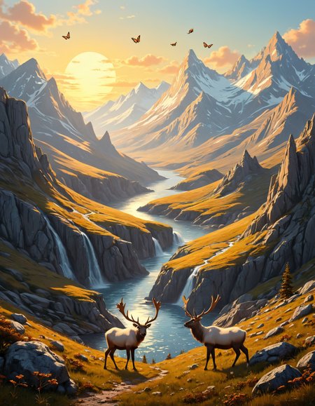 surreal landscape,creator landscape,stale of Claude Lorrain (golden hour), Tundra with migrating caribou herds, quartz vein in granite, hayrick with wooden pitchfork,marbled white butterfly.
 <lora:LCMTurboMix_DPM_SDE_Karras:0.7>,
<lora:Flux-style-xl-lora:0.7> flux-style,
<lora:extremely_detailed:0.7> extremely detailed,
<lora:WildcardX-XL-Detail-Enhancer:0.3>,
<lora:add-detail-xl:0.7>,
BeyondSDXLv3,
(8k,highly detail, cool colors, grand illumination, dynamic cinematic perfect background, stunning detail,absurd detail, high quality, masterpiece,aesthetic, illustration, perfect composition, intricate details, absurdres),