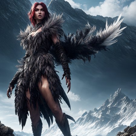 fking_scifi_v2, award winning portrait of a werecreature,
wearing (feathered LnF dress:1.2),  
mountain background , <lora:LnF21:0.8>