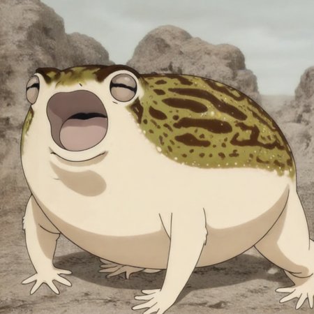 masterpiece, best quality, newest, absurdres, highres, anime, anime style, DRFTPFV1.0, frog, desert rain frog, african rain frog, animal, animal Focus, open mouth,