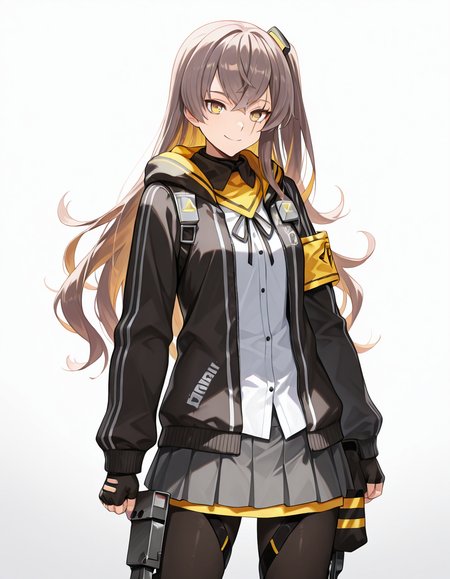Volumetric Lighting, (masterpiece), (best quality), (ultra-detailed), masterpiece, source_anime, score_9, score_8_up, score_7_up BREAK, illustration, disheveled hair, detailed eyes, perfect composition, moist skin, intricate details, detailed eyes, detailed face, detailed fingers BREAK, UMP45, brown hair, long hair, one side up, yellow eyes, scar across eye BREAK, UMP45def, def_hair_ornament, def_scarf, def_hooded_jacket, def_thigh_straps, def_knee_pad, def_exoskeleton, def_shirt, def_skirt, def_fingerless_gloves, def_pantyhose, def_neck_ribbon, def_armband, BREAK, ((white background)), looking at viewer, smile, closed mouth, standing, upper body