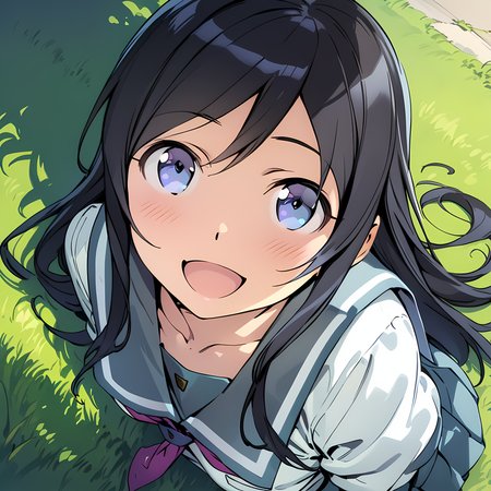 (masterpiece),(best quality),(ultra-detailed),(best illustration),(best shadow),(absurdres),(detailed background),(very aesthetic), 1girl, solo ayase aragaki, school uniform, long hair, serafuku, black hair, kousaka kirino's school uniform, open mouth, smile, grass, blue eyes, 2girls<lora:Ayase_Aragaki_-_Oreimo:1>