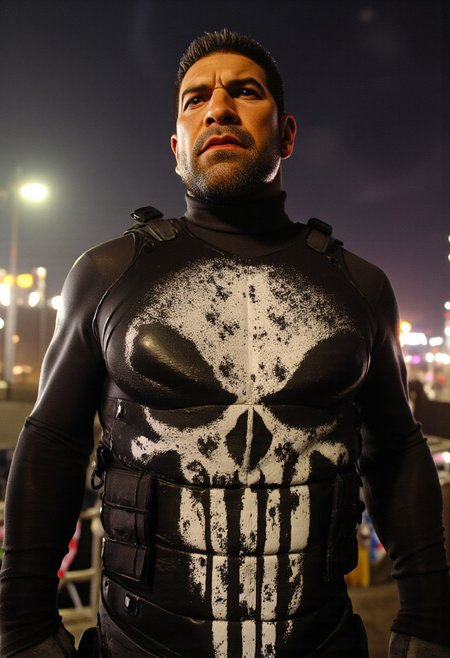 high angle camera view from above and at a distance, realism, perfection style, bosstyle, skin texture style, Photo Quality Frank Castle Male Face with a stubbled Black beard, Caucasion Skin, Chort Black Military style haircut, detailed, facial expression style, High details face, High detailed Eyes, Full Body view, The Punisher Battle Worn White dirty Skull Motif painted on the chest of his Man in Gothic armour, futuristic, Jet Black with Black Trim Exosuit, Heavy Mech, Dynamic Aggressive Combat Pose, Exosuit, Extremely Low V cut top, Power Armor, futuristic, Tactical Futuristic Samurai Sword, Perfect hand, Fighting a Dragon, Heavy Mech, Armor Color Jet Black with Black Trim and a dirty white Skull Motif painted on the chest, Robot, Full body, Ready to strike, futuristic, (off-center composition, left aligned, Portrait),  Detailed hand, battle-worn, Gothic Neon Cyberpunk Night City Cityscape Background, cinematic film still glamorous photo dark art by Rafael Zabaleta, expressionism art by Asger Jorn, vibrant, Abstract expressionism, experimental painting techniques, bold bright colors, dynamic compositions, Expressionism, emotive brushwork, brilliant tones, dramatic lighting, introspective themes. high fashion, luxurious, extravagant, stylish, sensual, opulent, elegance, stunning beauty, professional, high contrast, detailed. shallow depth of field, vignette, highly detailed, high budget, bokeh, cinemascope, moody, epic, gorgeous, film grain, grainy