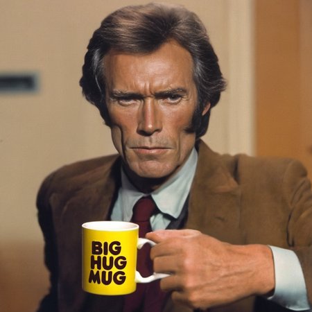 <lora:Big Hug Mug:1>Clint Eastwood as Dirty Harry, down at the precinct, holding, A ((golden yellow)) colored mug with (((red text))) on it says (Big Hug Mug), grainy tv, static interference