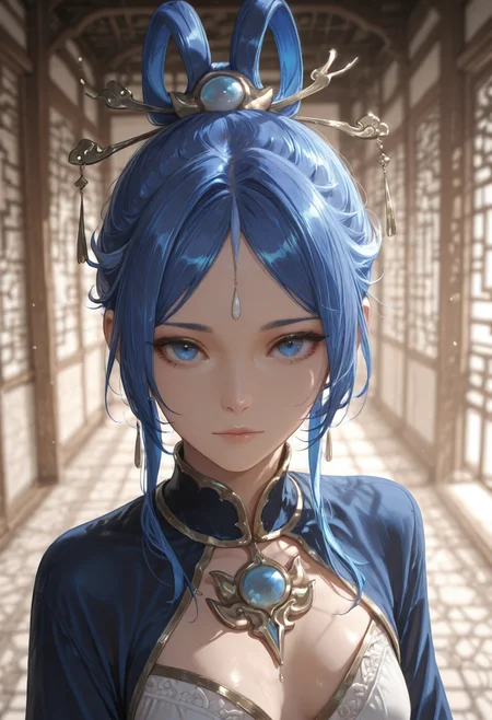 masterpiece, best quality, volumetric lighting, dramatic lighting, depth of field, sharp focus, semi realistic, realistic shading, warm natural lighting, (emphasize body curves:1.2), (mature female:1.2), (detailed face and eyes:1.2), (proper anatomy:1.3), natural interaction, (highlighted skin gloss:1.1), 
BREAK
1girl , solo, blue eyes, blue hair, forehead jewel, topknot, hair sticks, alternate costume, casual oufit, small breasts,small head,
face portrait,front view, standing, looking at viewer, (white intricate background, dynamic perspective:1.3), 
<lora:illustrious_quality_modifiers_masterpieces_v1:0.6> <lora:MGE_V5.2_IL:0.7> <lora:ppw_v7_Illuv1.0_1_r2:0.4> <lora:USNR_STYLE_ILL_V1_lokr3:0.5>  <lora:Yuwen_Yongning__Demon_Emperor__Illustrious_v5:0.9>