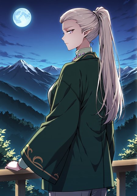 <lora:Alanis_Emeria__The_Beginning_After_the_End__Illustrious:1>
Alanis_Emeria_green_uniform_elf_gems, 1girl, solo, long white hair, ponytail, pointed ears, elf, pale skin, violet eyes, narrow eyes, green jacket, loose jacket, gold trim, wide sleeves, light green high-collar shirt, gemstone collar, purple gem, blue gem, gray pants, formal outfit, fantasy uniform
score_9, score_8_up, score_7_up, source anime, BREAK, cowboy shot, (from side), looking back, looking at viewer, overlooking mountain, high altitude, scenery, exterior, background, night, blue moon