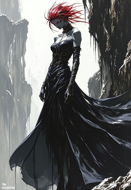 Create this dramatic impasto artwork with a touch of abstract expressionism: a woman with a bordeau-red wild mane, a symmetrical beautiful face, muscular arms, blight skin, wearing a vibrant, flowing dark charcoal dress standing on a perilous-looking cliff edge. The dress has dramatic ruching and draping that accentuates her figure, giving the impression of both elegance and vulnerability. The stark contrast between the woman's striking bordeau-red hair and the dark, rocky surroundings creates a sense of tension and drama. The woman's eyes are downcast, adding to the sense of emotional weight and mystery. Overall, the painting evokes a powerful sense of narrative, suggesting a story or emotional state waiting to be explored. 
'The Precipice' in eerie, bordeau-red serif font at the left. 
Tagline 'Believe in Yourself' in smaller, white font at the bottom
The painting with a focus on detailed textures and dramatic lighting features a monochromatic scheme, primarily with shades of black, white, and gray. 
Concept art, digital art, digital painting, matte painting, megascans.